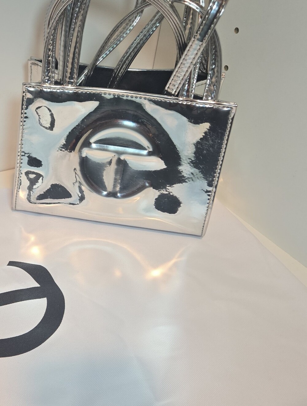 Telfar Shiny Silver Bubble Logo Small Tote